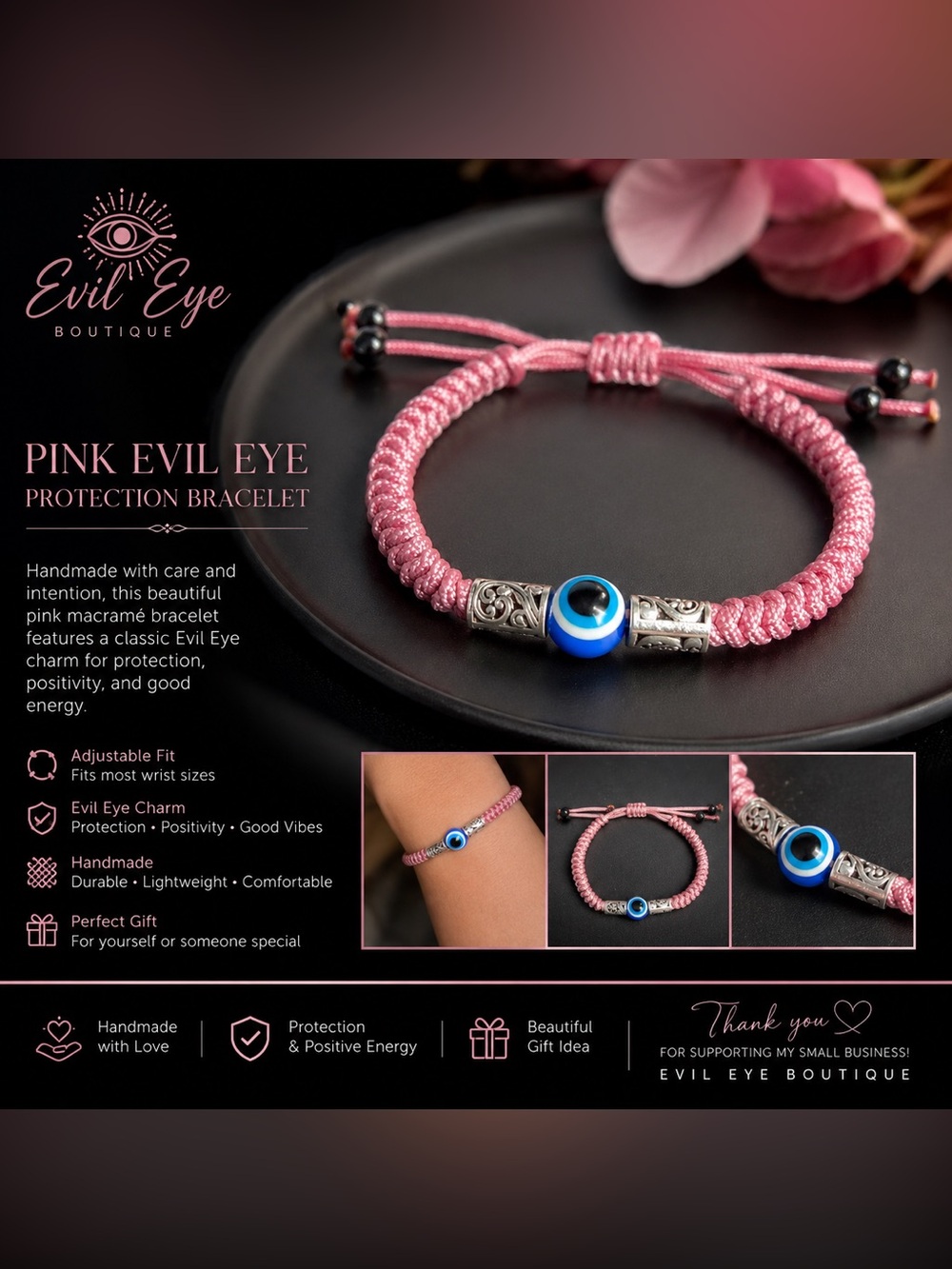 Evil Eye Protection Bracelet - Pink Cord with Blue Eye